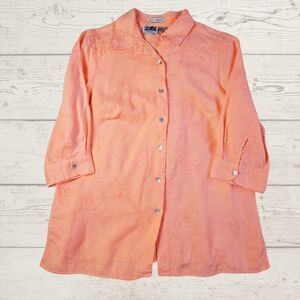 Edward Woman Irish Linen Embroidered Peach Button Womens Top Blouse Size 1X Boho